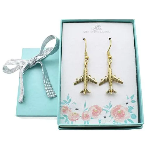 gold airplane earrings