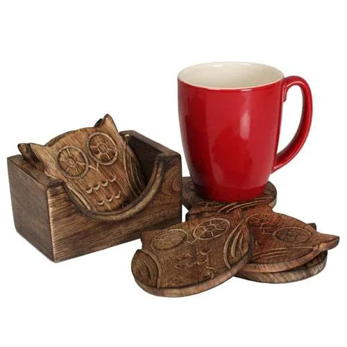 wooden owl coaster set